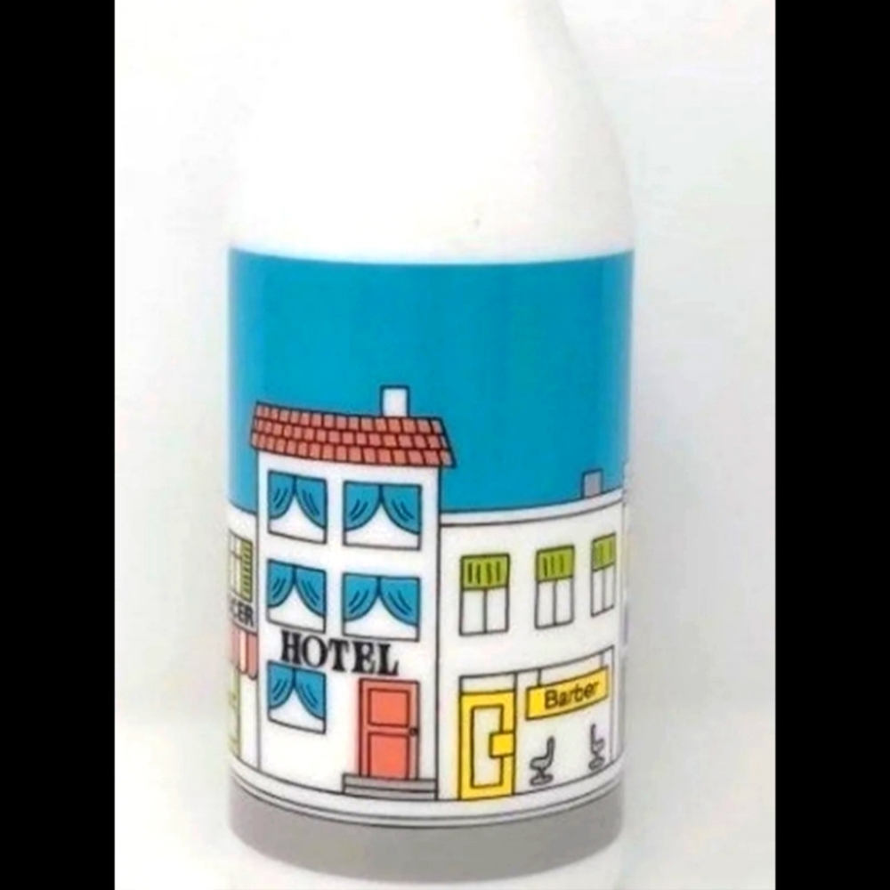 Vintage 70's Coastal Town Scene Painted Milk Glass Bottle - EUC